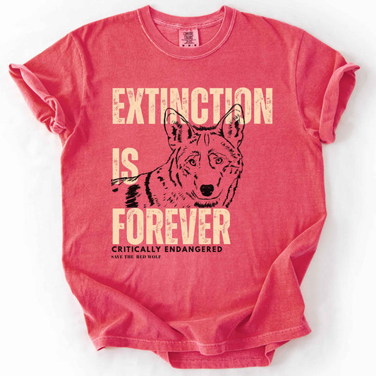 Watermelon "Extinction Is Forever, Critically Endangered, Save the Red Wolf" t-shirt on Comfort Colors tee, featuring a hand drawn wolf portrait with bold cream distressed lettering. Conservation and wildlife gift shirt for wolf and endangered species advocates.
