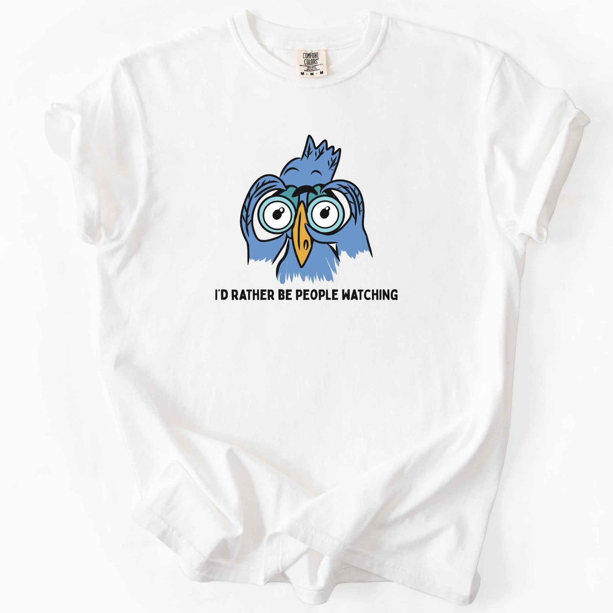 White "I'd Rather Be People Watching" t-shirt on Comfort Colors tee, featuring a cartoon blue bird holding binoculars up to its eyes. Funny birdwatcher gift shirt for bird lovers and introverts.