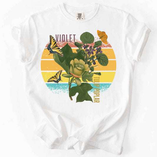 White "Love local wildflowers, violet and tulip poplar" t-shirt on comfort colors tee. Featuring swallowtail and fritillary butterfly, tulip poplar and violet leaves and flower graphics. Gift for Ecology enthusiasts and wildlife gardeners. 