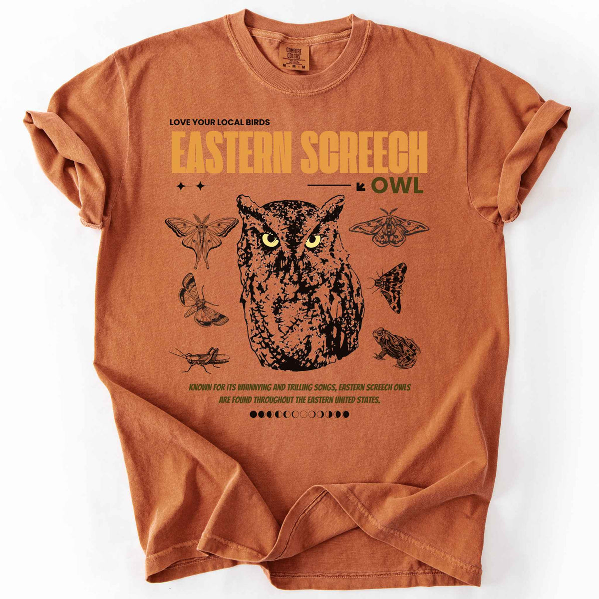 Yam "Love Your Local Birds, Eastern Screech Owl" t-shirt on Comfort Colors tee, featuring a detailed owl portrait surrounded by moths, a frog, and a grasshopper with orange lettering and educational text. Birdwatcher and owl lover gift shirt for wildlife and nature enthusiasts.